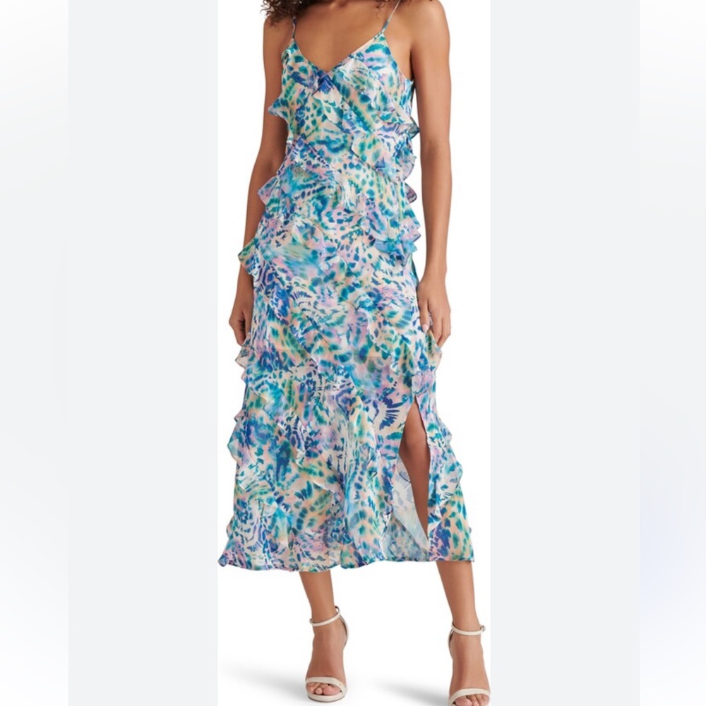 NWT Steve Madden Womens Dion Tiered Ruffle Maxi Slip Dress, Multi Color, Size 0